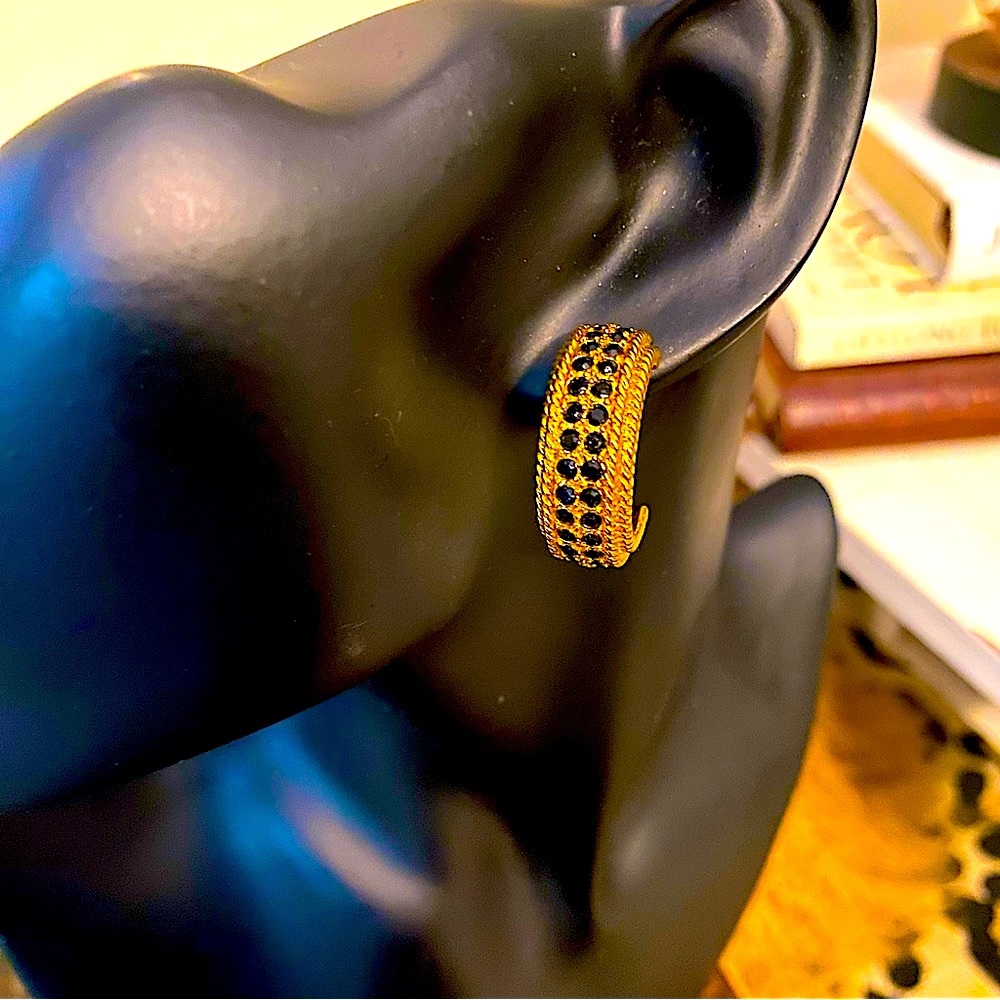 Vintage Napier black rhinestone half hoop pierced earrings